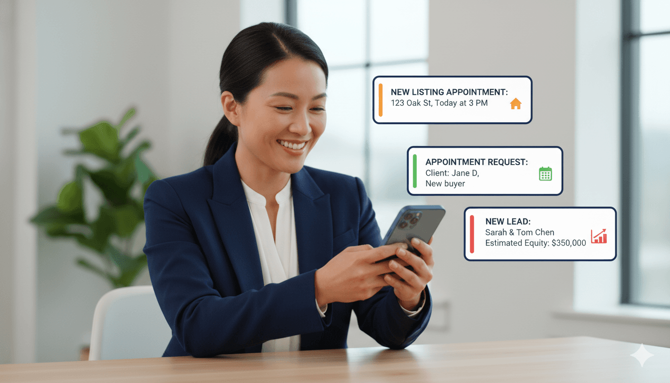 Real estate agent with successful property sold and new lead notifications